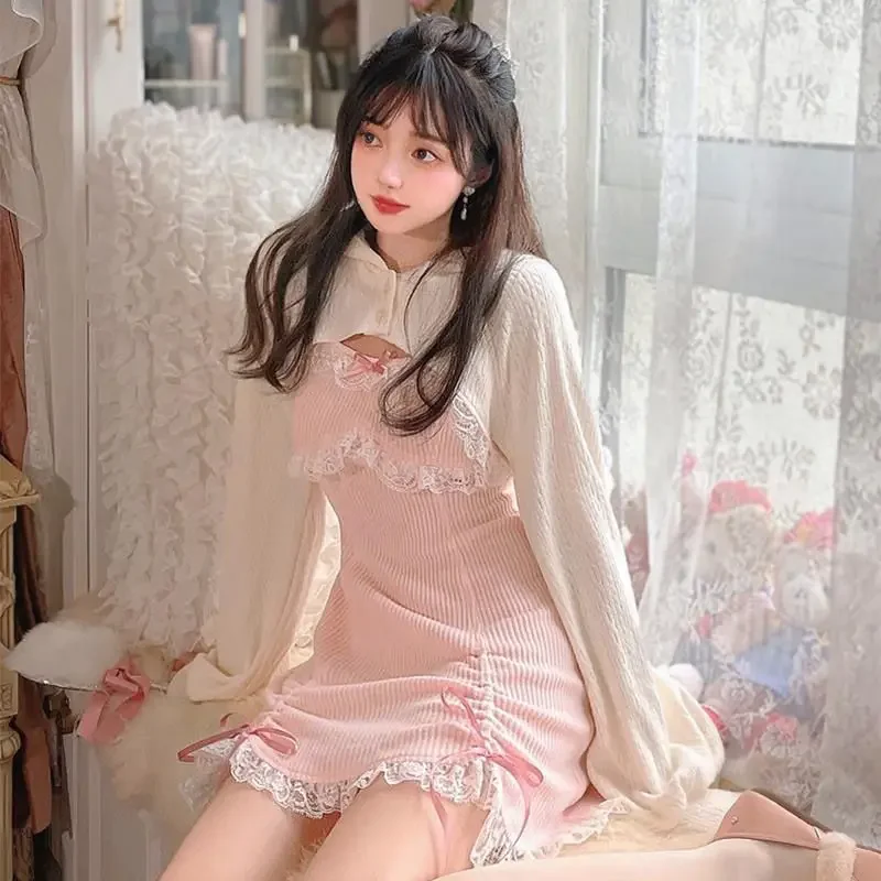 Japanese Sweet Lolita Dress with Bow for Women Long Sleeve Hoodie Kawaii Pink Mini Dresses New Fashion Spring