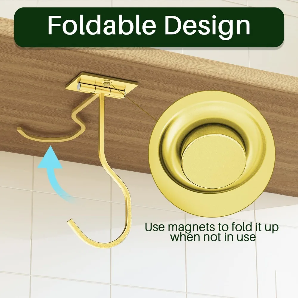 2-Pack Self-Adhesive Banana Holder, Foldable Under Cabinet Kitchen Hook with Magnet, Space Saving Storage Hanger for Fruit, Gold - view 3