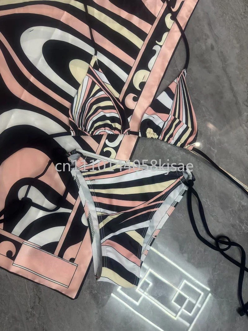 

Женские розовые комплекты бикини с шарфом, пляжная одежда, купальники с логотипом и надписью, повязка на голову