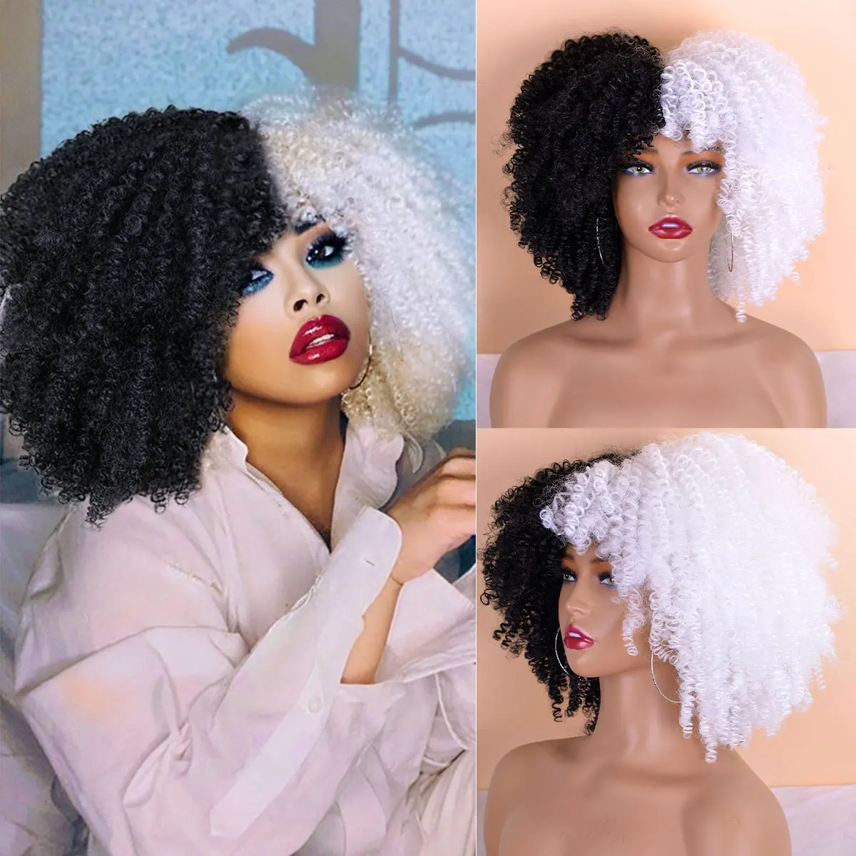 Peluca de pelo sintético corto Afro rizado con flequillo para mujeres negras, 12 pulgadas, pelucas de Cosplay Rubio Natu