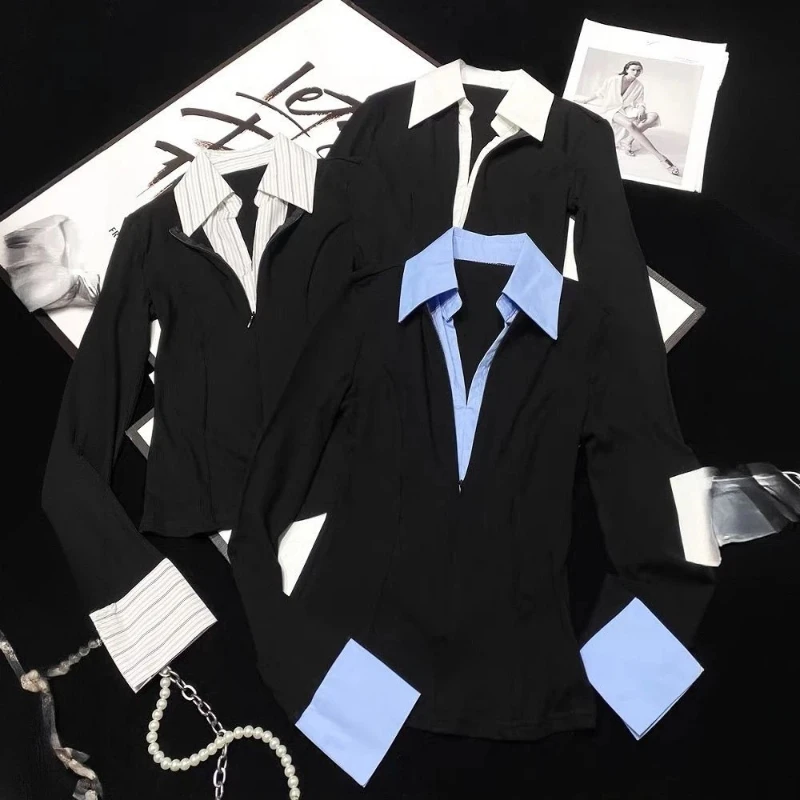 Polo Neck Fake Two Contrast Patchwork Office Shirt Tops Spring Autumn Long Sleeve Elegant Blouse Fashion Korean Women Clothing