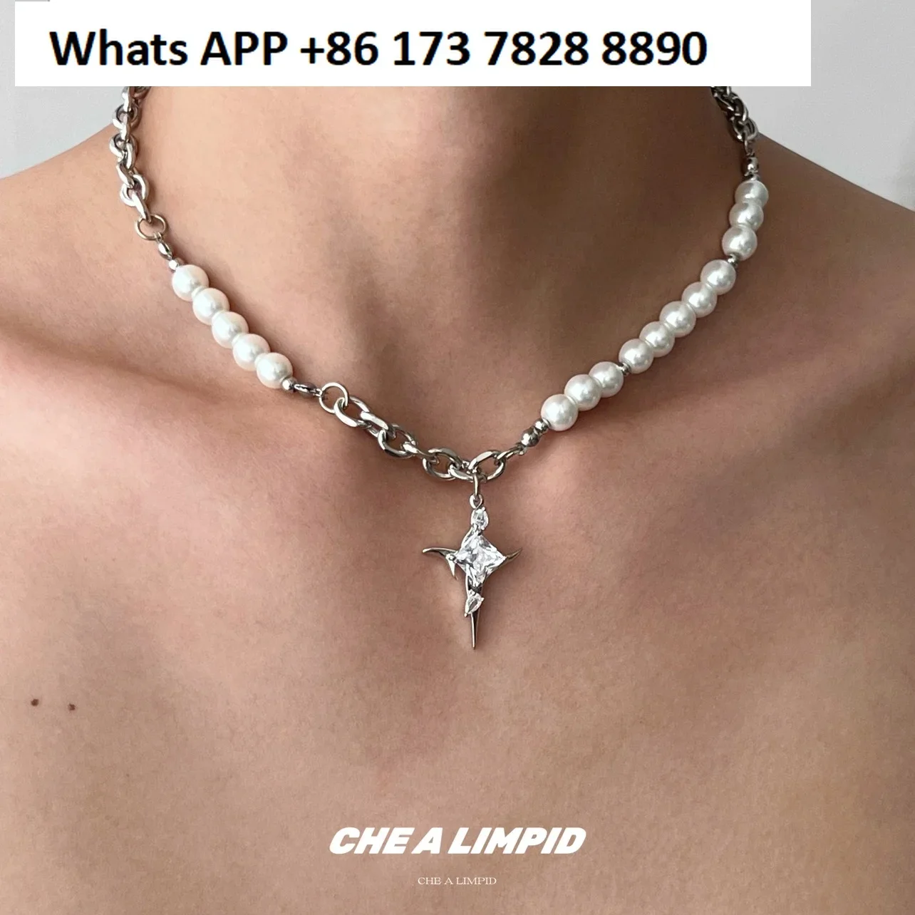 CHEALIMPID/. Star Dart X Ice Crack Pearl Irregular Metal Stone Titanium Steel Necklace