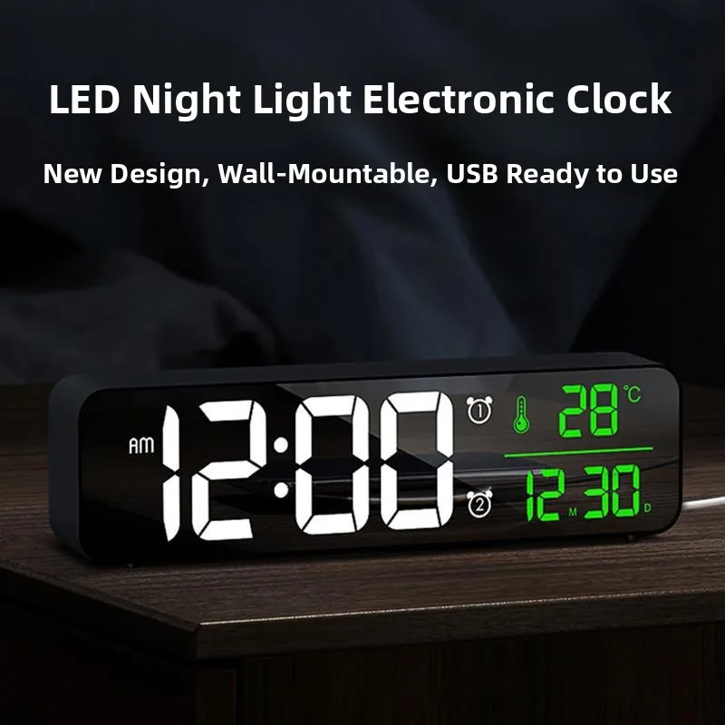 

Office Desk Clock Music Alarm Clock Large Digit Display LED Wall Hanging Clock Easy to Read Time Display Casual Style Plastic