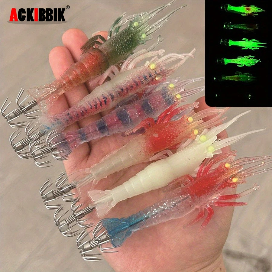 Ackibbik 10cm Luminous Soft Shrimp Bait Glowing Squid Jigs Soft Shrimp Fishing Lure Squid Lure Jig Hook Shrimp Lure Saltwater