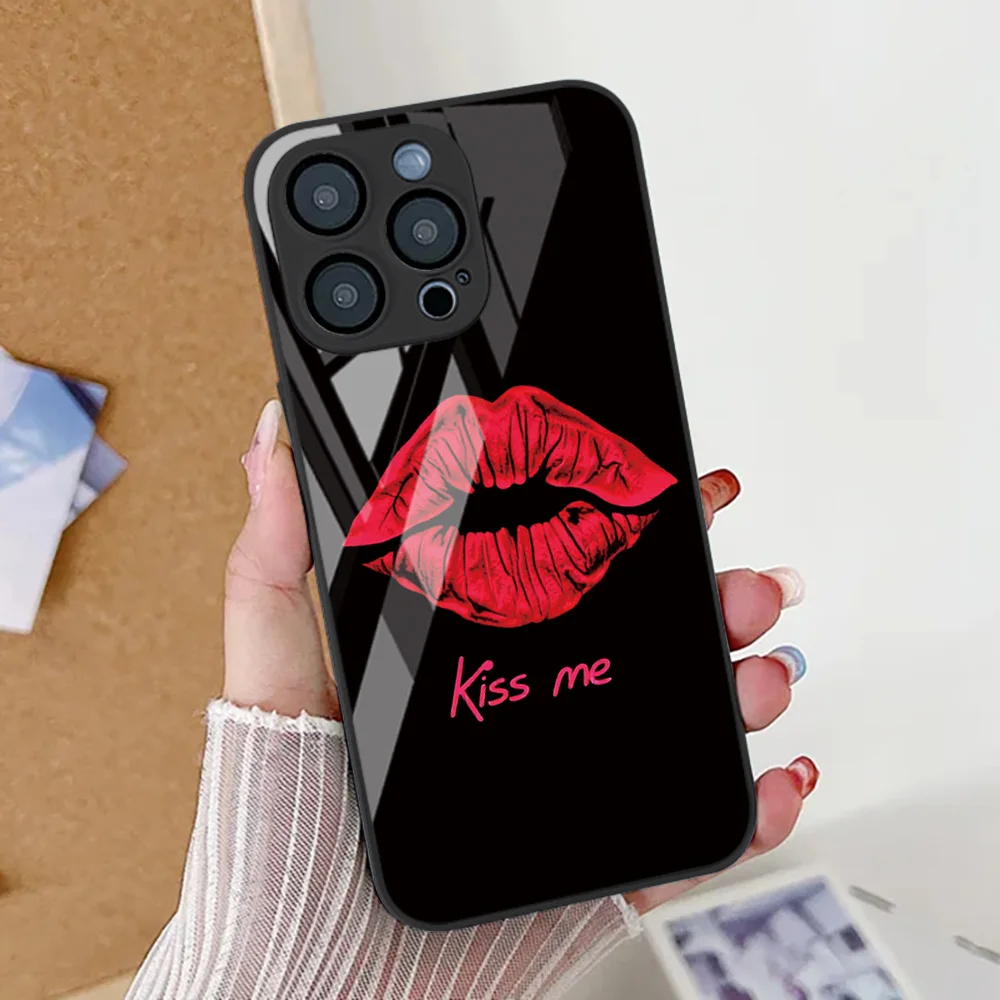 

Sexy Girl Red Lips Tempered Glass Phone Case For iPhone 13 16 14 15 11 12 17 Pro Max Air 16E 8 7 Plus XR XS SE Shockproof Cover