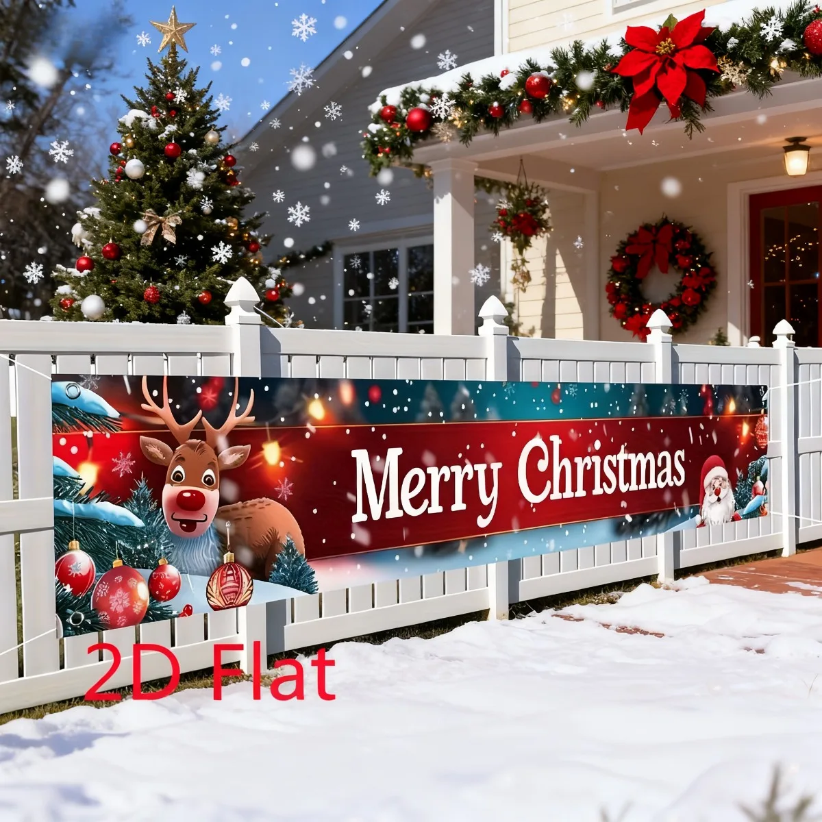 

2D FLAT 1 pc Festive Merry Christmas Hanging Ornaments Banner - 20x118 Inch Polyester Decor Sign With Santa, Reindeer, Snowfl