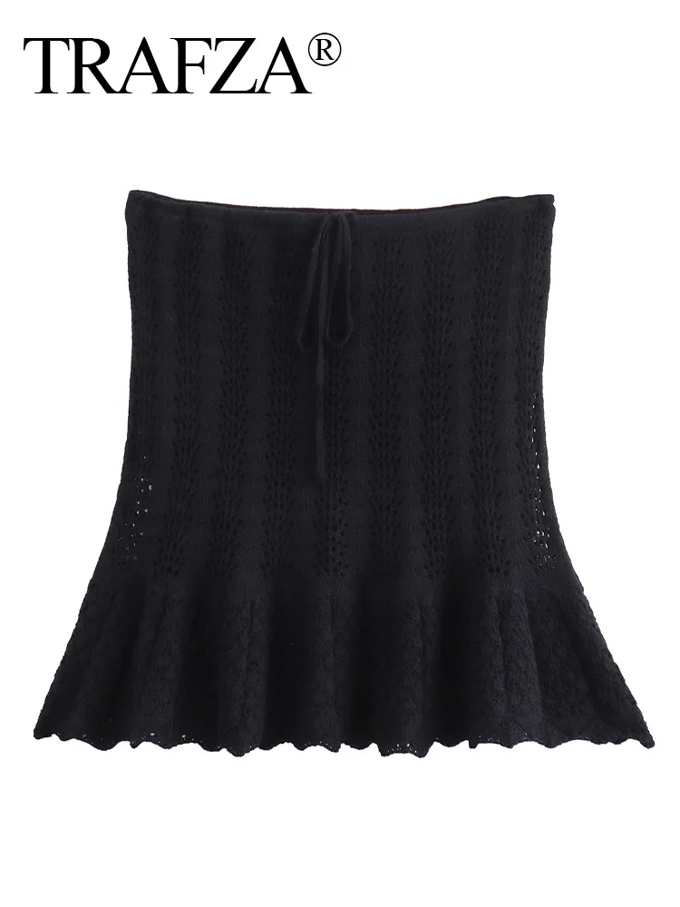 TRAFZA donna moda estate gonna solida scava fuori maglia a vita alta Lace-Up pantaloncini femminili gonne donna elegante gonna a trapezio