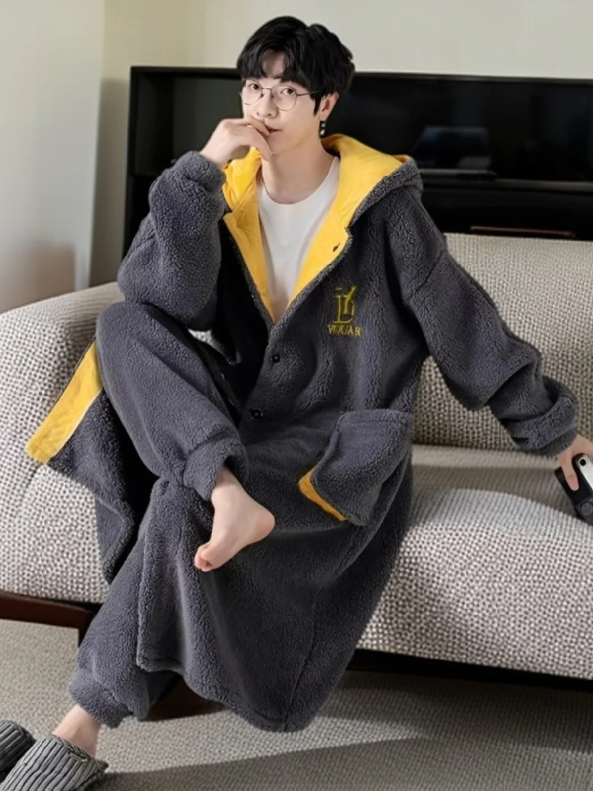 Abito invernale da uomo in corallo Fce Robe Spwear Abito lungo 300 Pou Size Grande casa Comoda fibra di poliestere a pipistrello