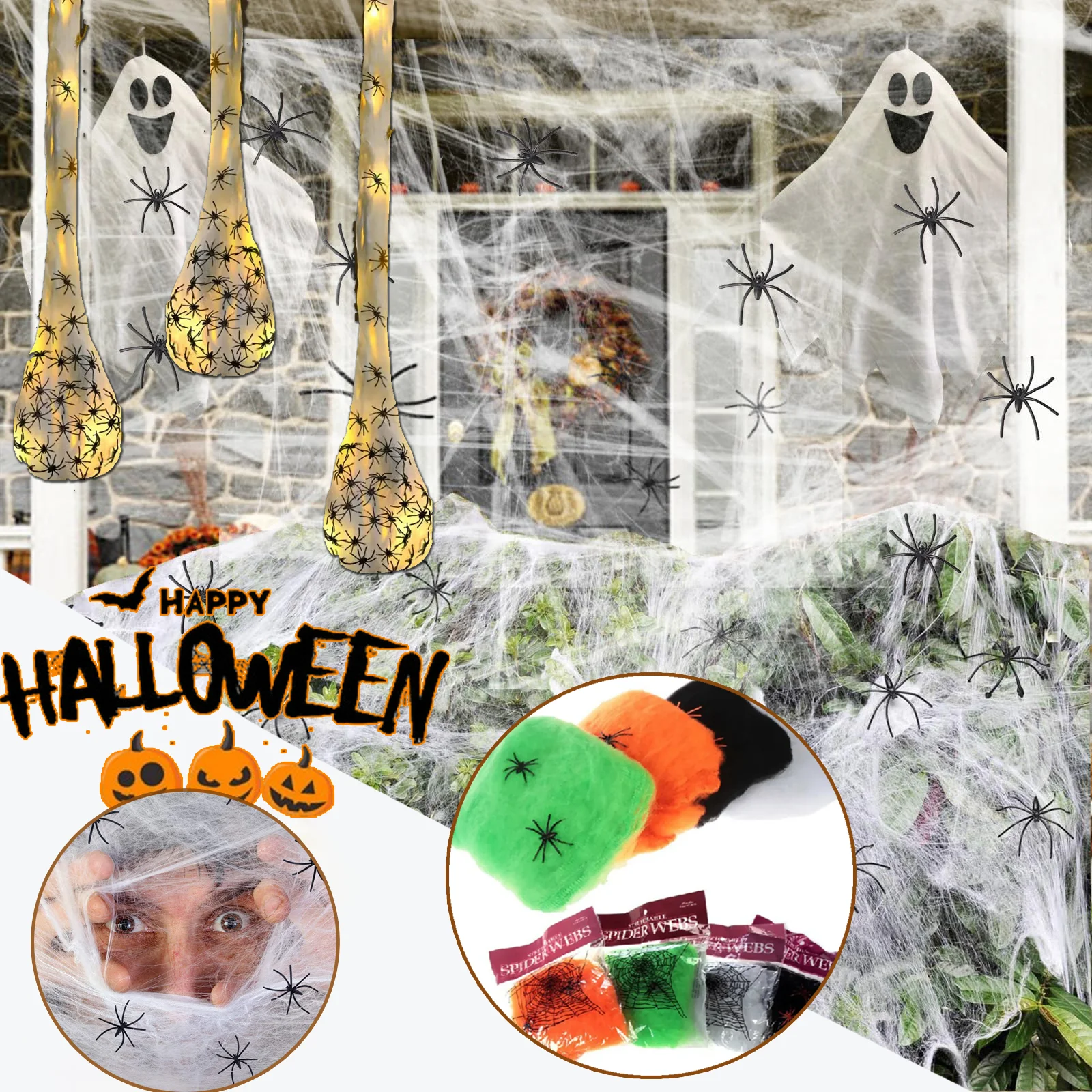 Halloween Cheap Decorations Artificial Spider Web Super Stretch Cobwebs with Fake Spiders Scary Party Scene Decor Horror  Props
