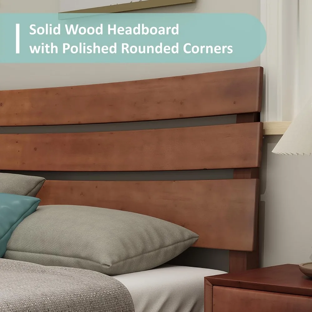 Queen Wood Bed Frame with Headboard, Mid-Century Platform Bed, Solid Wood Slats Support, No Box Spring Needed, Easy Assembly image 5