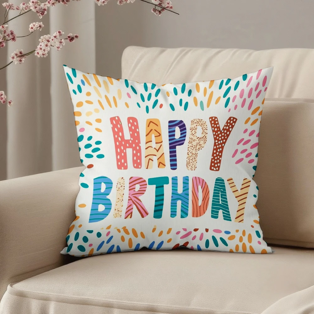 Square Throw Pillow Case White Colorful Happy Birthday Text And Confetti Pattern For Home Sofa Bedroom Living Room Decoration