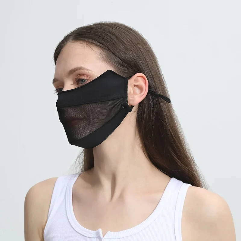 Women Ice Silk Mask Thin Breathable Mesh Face Cover Summer Outdoor Sunscreen Mask Adjustable Anti-UV Cycling Running Sport Mask