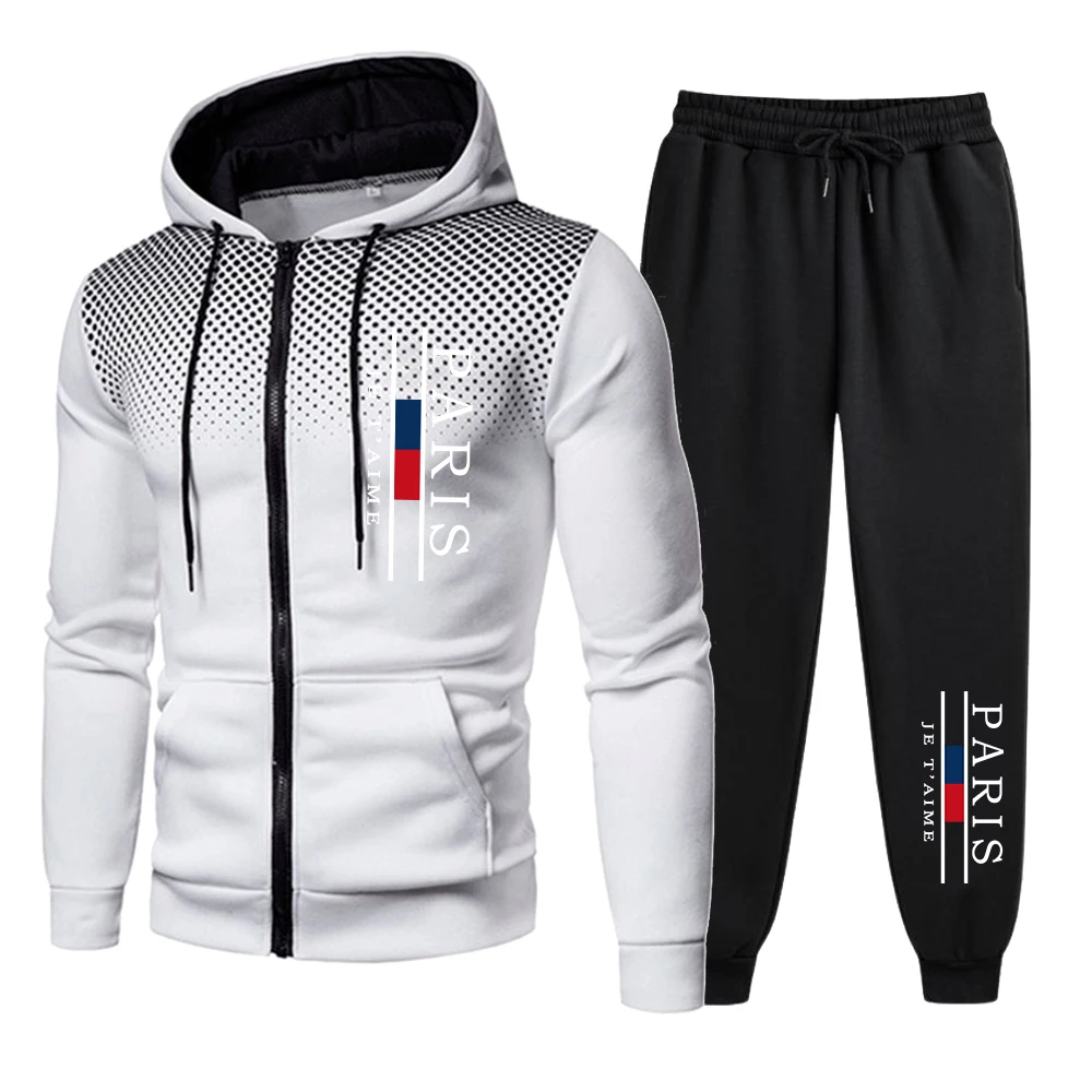 Mens Tracksuits Casual Round Dot Zipper Sweatshirt+Jogging Pants 2 Piece Set City Print High Quality Hooded Jacket Suit Clothing