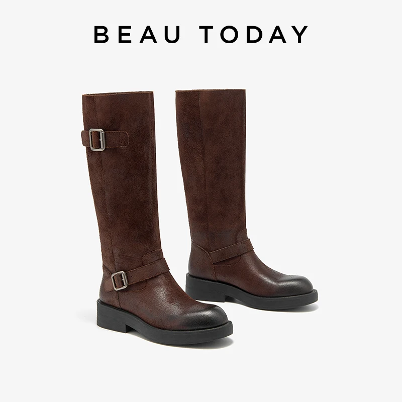 

BEAUTODAY/длинные сапоги в стиле ретро, женские повседневные туфли из натуральной телячьей кожи с круглым носком и квадратным каблуком, весенне-осенние женские туфли-трубы 01489