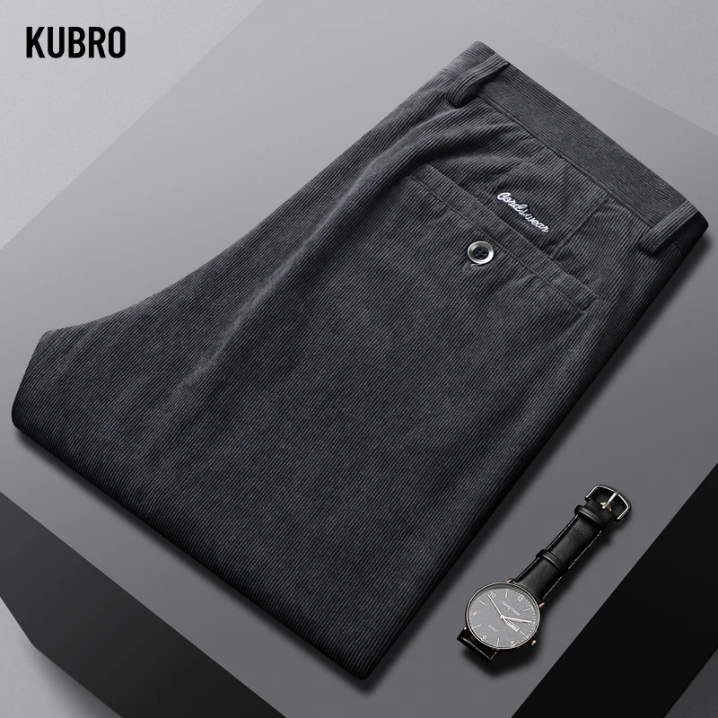 KUBRO-Calças Cargo em Tecido Veludo, Roupa Quente Masculina, Solto, Liso, Escritório, Elegante, Versátil, Alta Qualidade, Outono, Inverno