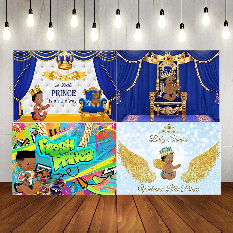 Little Prince In His Way White Backdrop Boy Baby Shower Party Banner Decoration Light Blue Gold Crown Photography Background