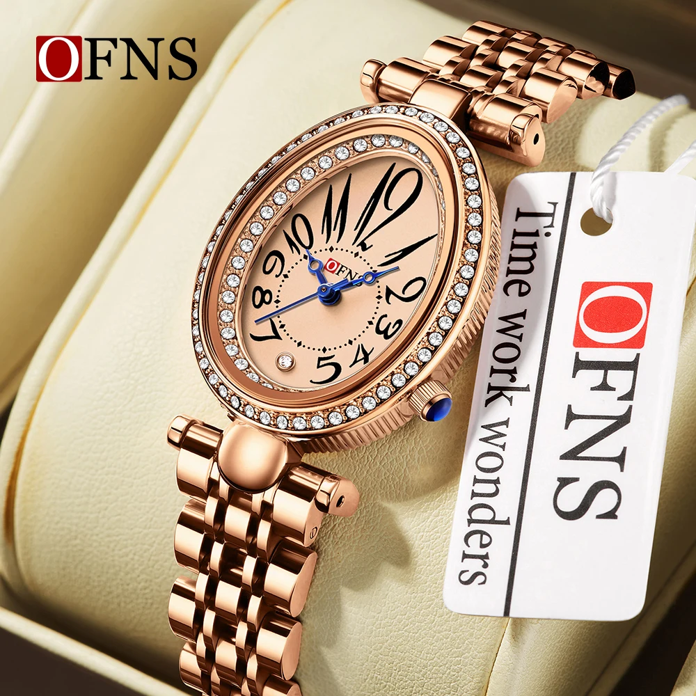 OFNS جديد 1540 عصرية عادية ريترو ستايل الماس مطعمة البيضاوي ساعة كوارتز مقاوم للماء ريترو الصلب حزام ساعة 2025