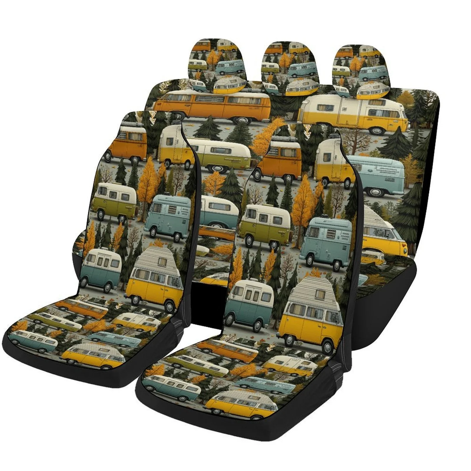 

Vintage Camper Van Design Car Seat Covers Set - Retro VW Bus & Camper Van Pattern, Fit For Most Cars, All-Season Front & Rear Se