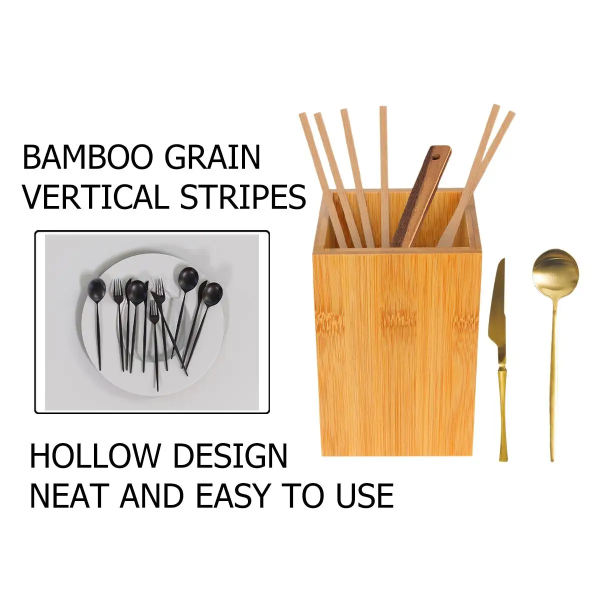 

Bamboo Cutlery Holder for Kitchen Utensils Storage Chopstick Fork Silverware Organizer Non Slip Mat Drainage Design Modern Style