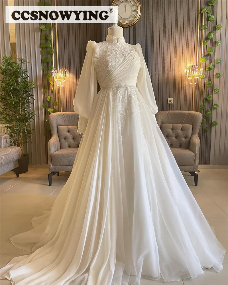 

Elegant Appliques Beaded Muslim Wedding Dress for Bride Long Sleeve Islamic Bridal Gowns High Neck Women Arabic Robe De Mariée