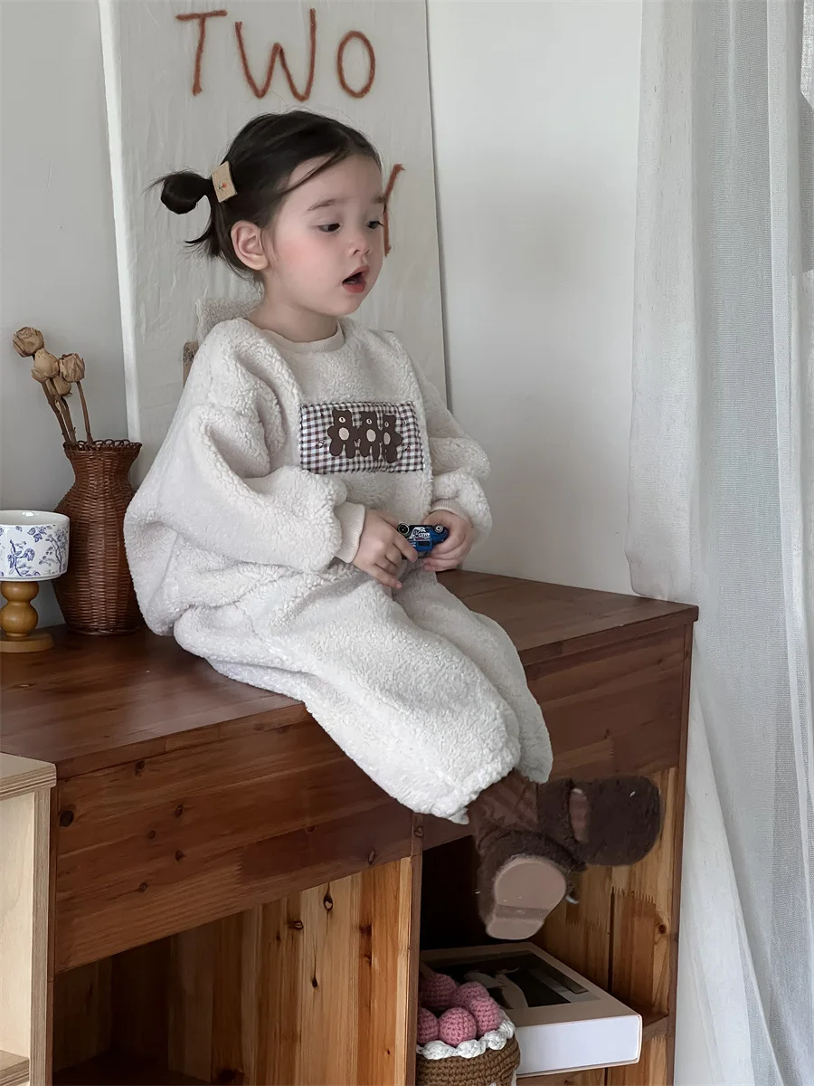 2024 Autumn New Baby Long Sleeve Fleece Set Boys Girls Plus Velvet Thick Bear Sweatshirt Trousers 2pcs Suit Kids Warm Outfits