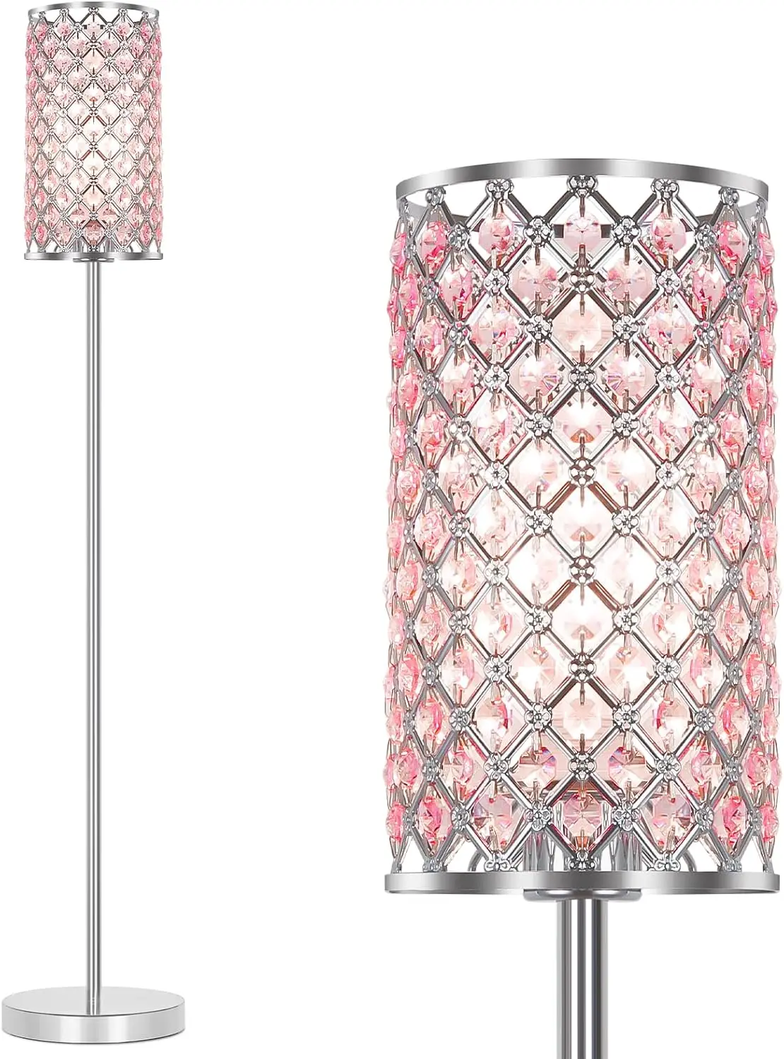 Silver Floor Lamp with Pink Shade, Girls Floor Lamp with On/Off Foot Switch, Elegant Standing Light Tall Pole Lamp for Living