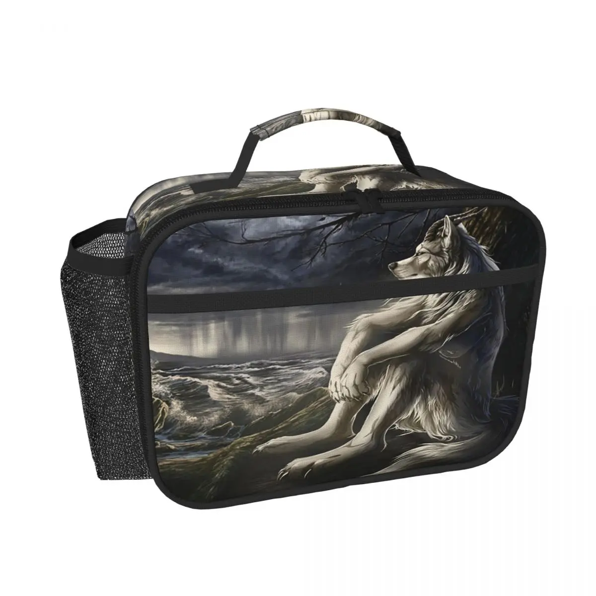 

Emo White Wolf Sitting Sad Meme Insulated Lunch Bag for Women Kids Leakproof Food Boxes Thermal Lunch Box Tote