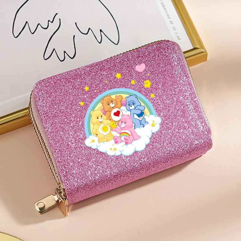 Porte-cartes Caring Bears, porte-monnaie brillant avec fermeture éclair, portefeuille court pour femmes et filles, porte-cartes multi-fentes en PU, organisateur d'argent, cadeaux