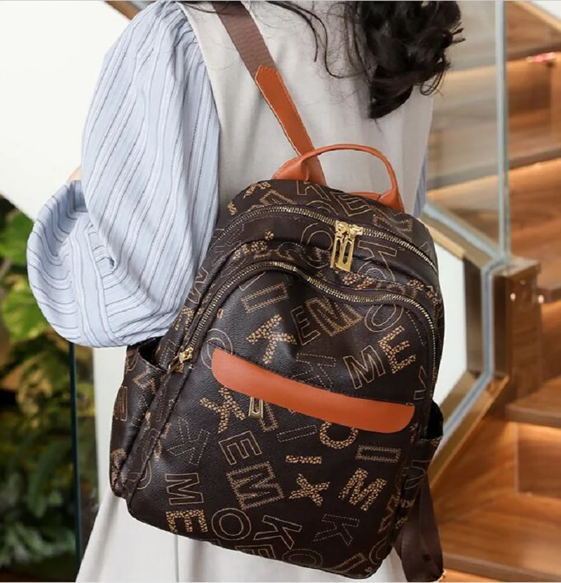 New Fashion Classical Letter Design Leather Travel Backpacks Women's Large Capacity Shoulder Bags Totes School Bag Rucksack