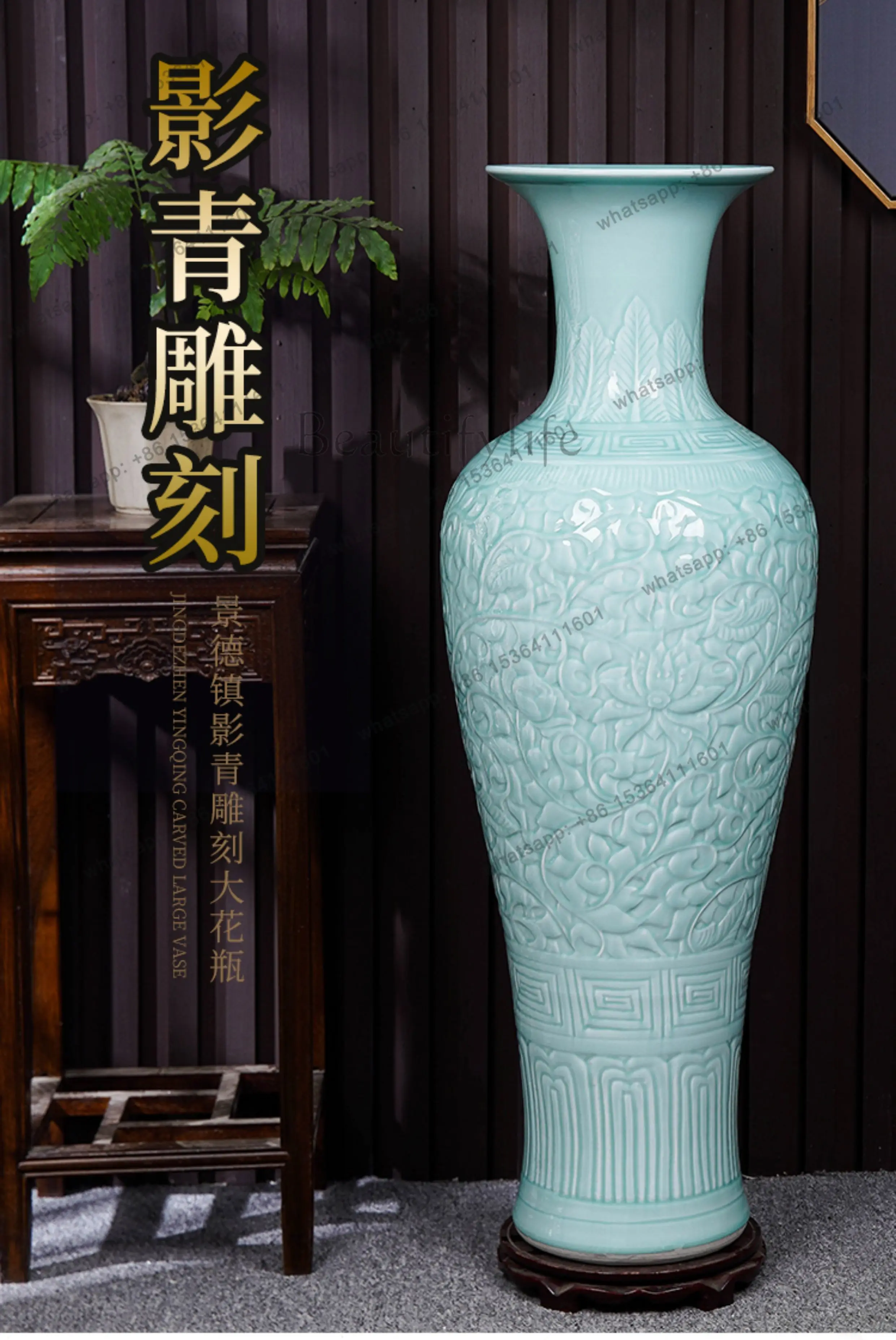 

zz. Jingdezhen green glaze ceramics living room floor-to-ceiling large vase hand-carved peony ornament ornament