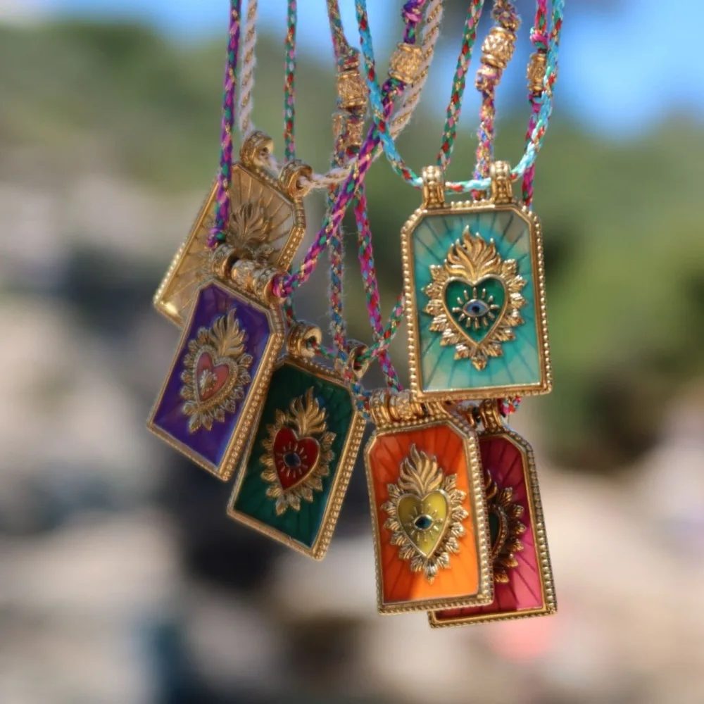 

Bohemian Evil Eye Heart Enamel Necklace, Gold Plated Colorful Braided Cord Ethnic Protection Charm Daily Women Jewelry