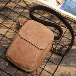 Genuine Leather Vintage Men's Bag Frosted Leather Small Shoulder Bag Multi Functional Crossbody High Quality Phone Bag Unisex