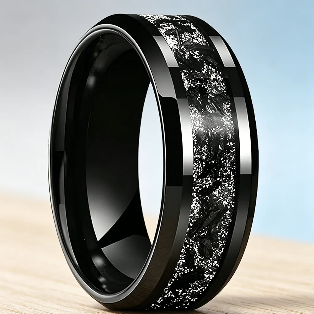 8mm schwarzer Titan-Chip-Inlay-Wolframcarbid-Ring, Verlobungs- und Eheringe für Männer und Frauen, abgeschrägter Modeschmuck, bequeme Passform – Detail 4