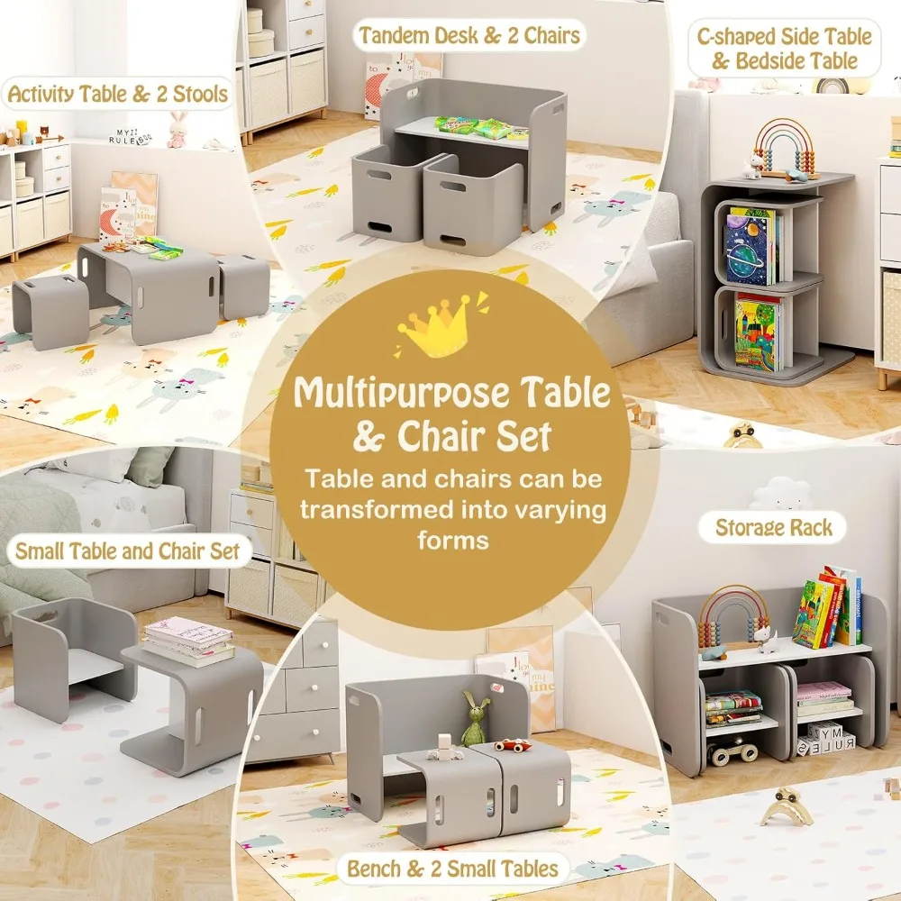 Kids Table and Chair Set, All in 1 Wood Activity Table, Bench, Storage Shelves, Desk for Children Reading, Arts, Crafts, Snack