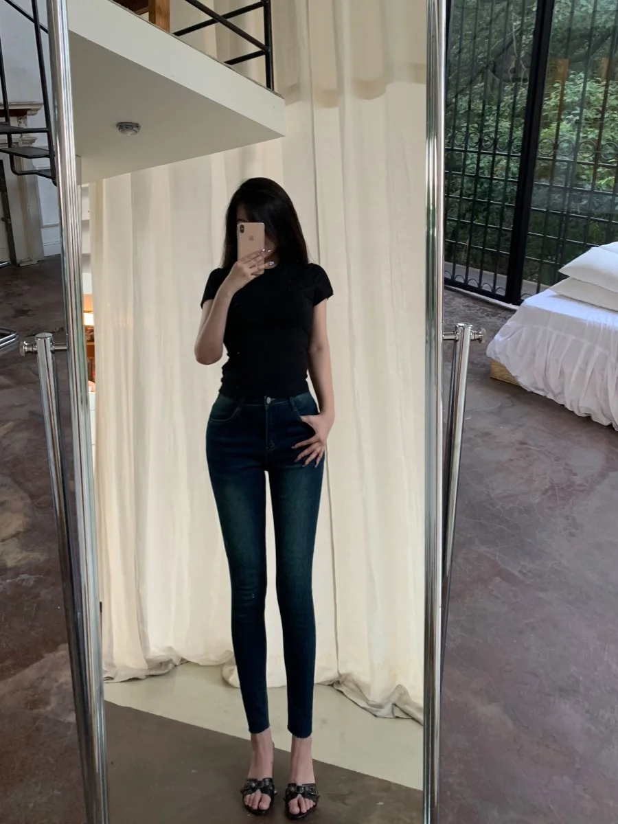 

Slimming High Waist Pencil Jeans Korean Faion High Street Lengthening Legs Butt Lifting Cotton Elastic Long Pants