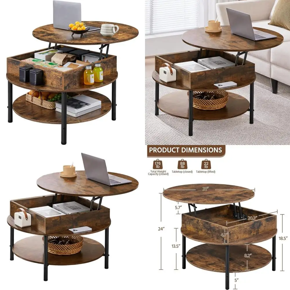 طاولة قهوة على طراز المزرعة 31 باللون البني الريفي مع سطح رفع ورف تخزين