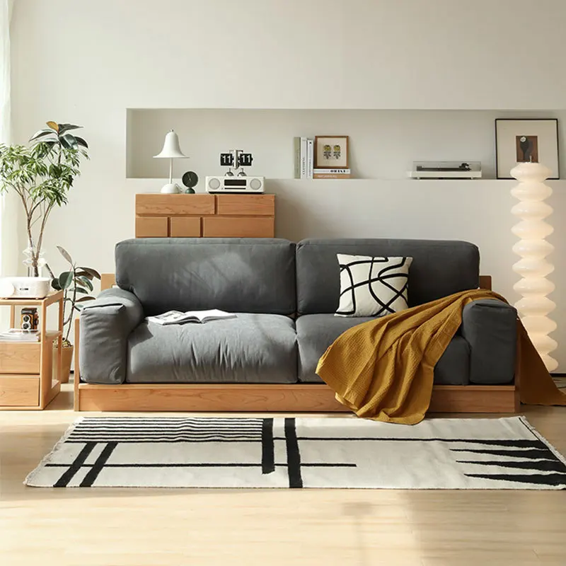 

Customizable Nordic cherry wood solid wood sofa three-person combination corduroy fabric Japanese-style living room