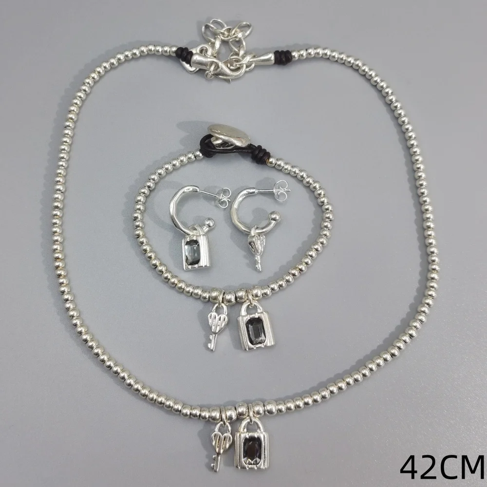 2026 Spain Beautiful and Sparkling Heart shaped Key Grey Crystal Padlock Set Jewelry Three Piece Creative Gift