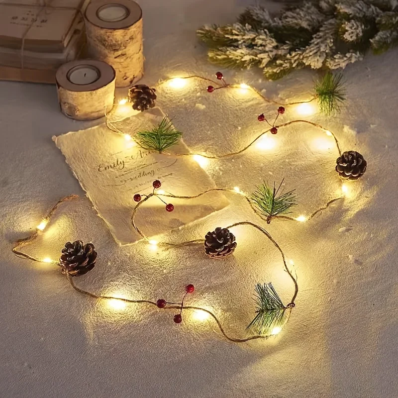 Rattan LED Light String 2M 20 LED Christmas Pine Cone Bell Pine Needle Red Fruit Room Decorative LED Garland Light Fairy Lights