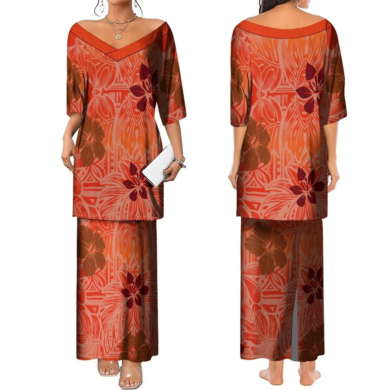 Women'S Dress Two-Piece Polynesian Hawaiian Tribe V-Neck Pletasi Dress Puletasi Island Art Custom Elegant Dress