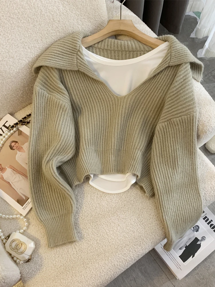 Autumn Winter Woman Korean Vintage Sweater Two Piece Sets Long Sleeve Solid Color Knitwears 2000s Aesthetic Y2k Streetwear Chic