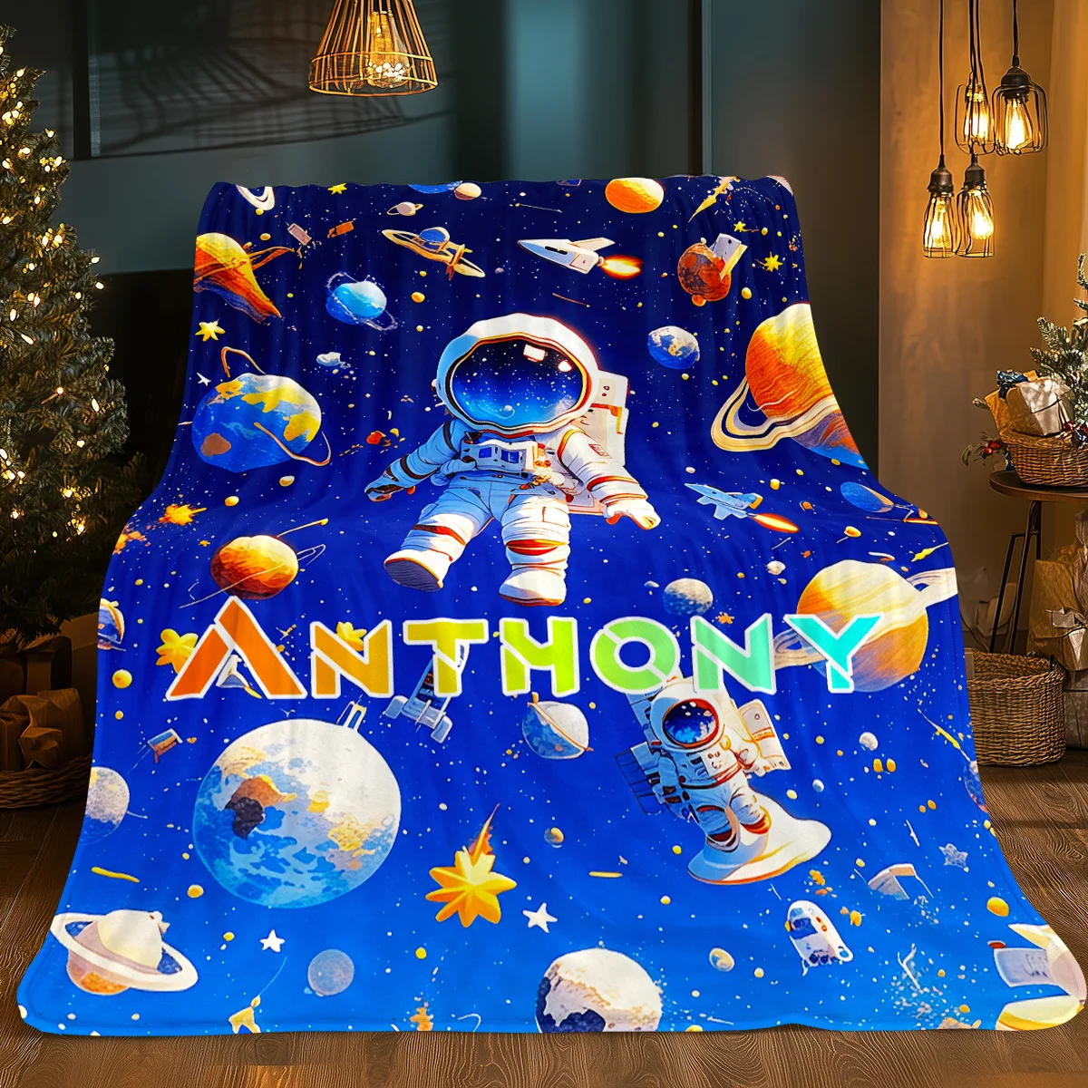 Customizable astronaut and space planet flannel blanket - soft, warm, lightweight, suitable for sofa, bedroom, travel or camping