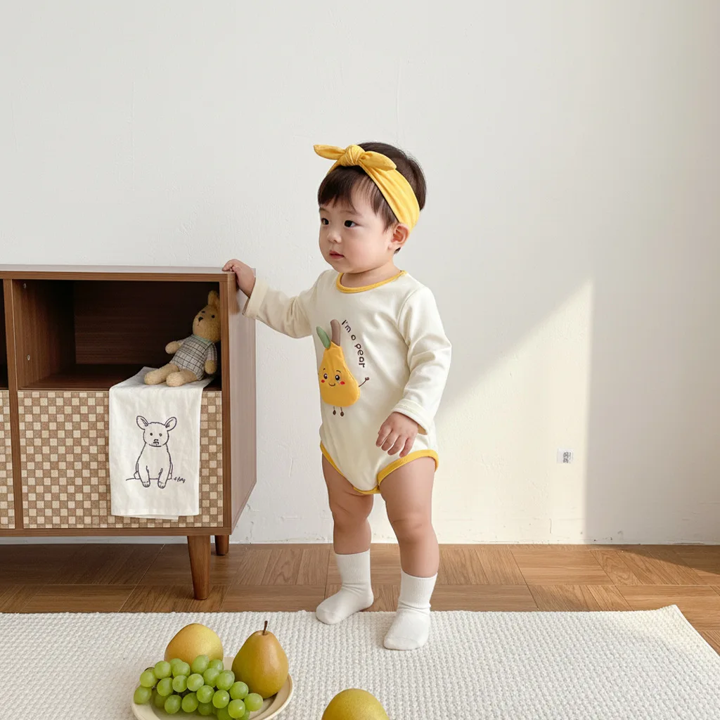 2026 Spring New Boys and Girls Super Cute Three Dimensional Pear Long Sleeve Bags for Babies and Toddlers Cartoon Jumpsuit
