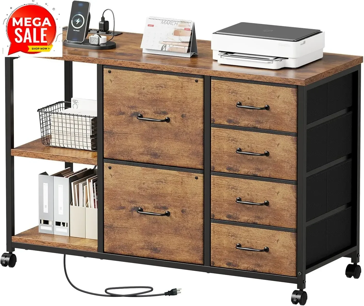 Rolling Printer Stand With Charging Station Six Drawer Lateral Filing Cabinet Open Storage Shelf Home Office Rustic Brown Fabric