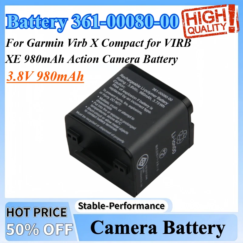 

3.8V 980mAh Replacement Battery 361-00080-00 for Garmin Virb X Compact for VIRB XE 980mAh Action Camera Battery