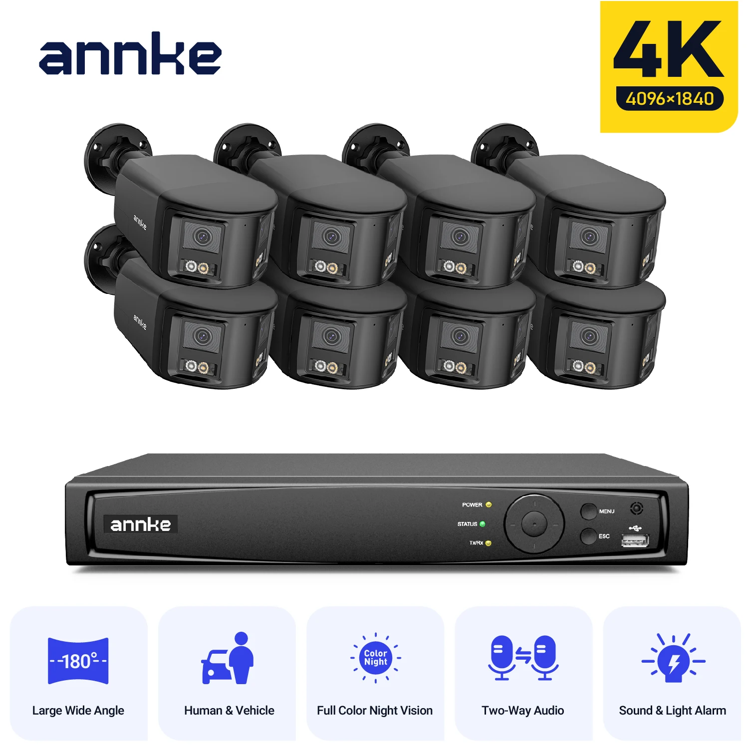 ANNKE 8MP Sicherheitskamera Dual-Objektiv 8-Kanal NVR mit Schwarzer Außenkamera IP67, Intelligenter Farbnachtsicht & Aktiver Abschreckung, Zwei-Wege-Audio 4/8 Stück 4K CCTV Videoüberwachungs-Kit
