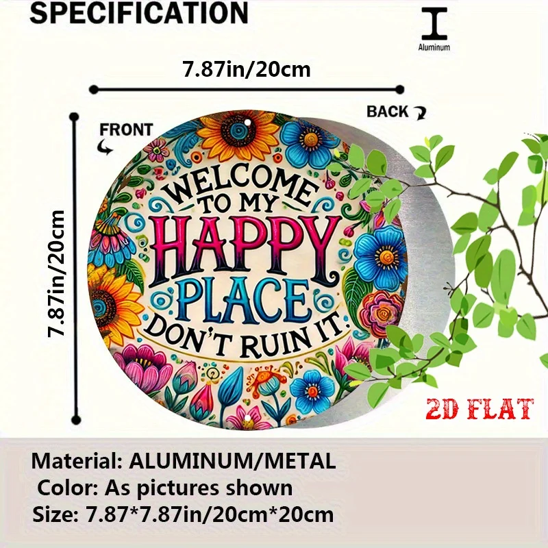 2D Flat - Colorful Aluminum Tin Sign in a 2D Flat Design, Featuring a Round Shape with a Welcome Message And Floral Patterns, Me