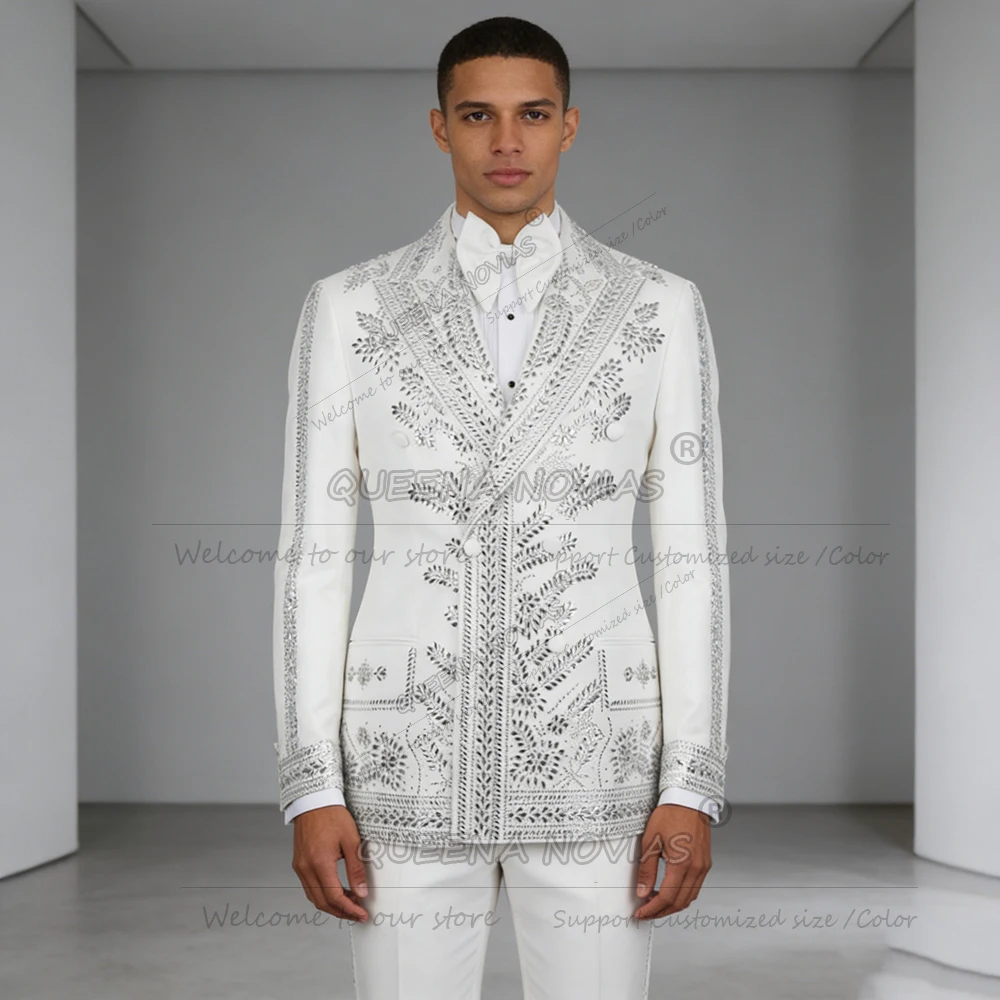 럭셔리 신랑 예복 웨딩 턱시도 맞춤 비즈 장식 프롬 블레이저 더블 브레스티드 수트 남성 2피스 남성 리셉션 의류