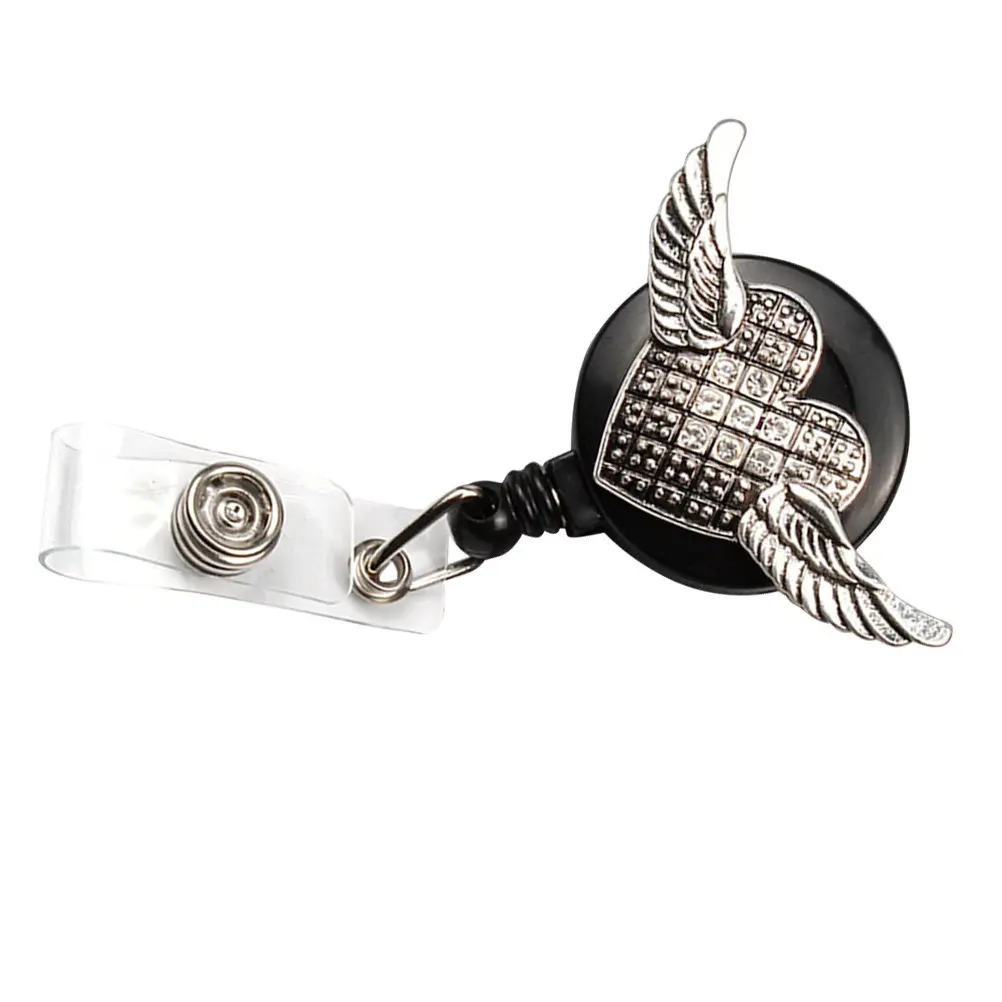 

Выдвижной держатель для бейджа в форме крыла с белыми круглыми стразами, телескопическая застежка, легко выдвижной держатель для бейджа для офисного персонала