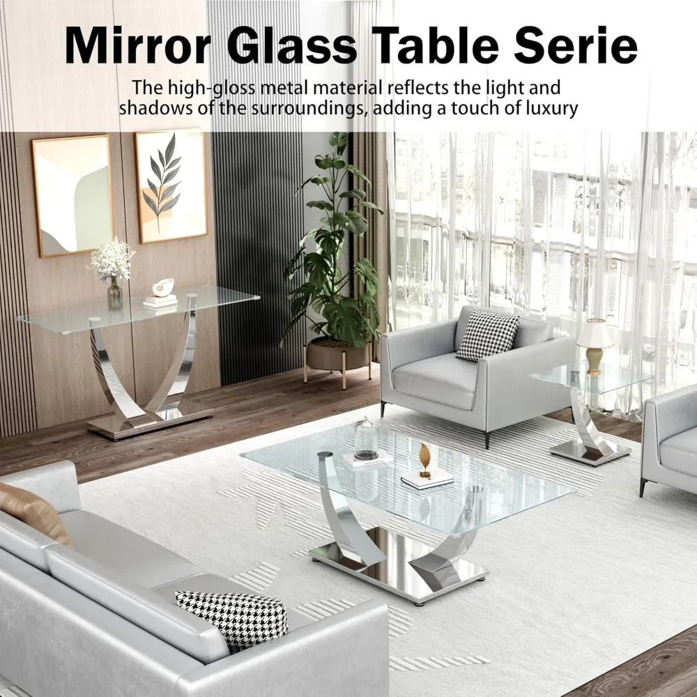 47" Clear Glass Coffee Table, Modern Silver Mirror Coffee Table with U-Shape Stainless Steel Legs, Tea Table, Luxury Rectangle C